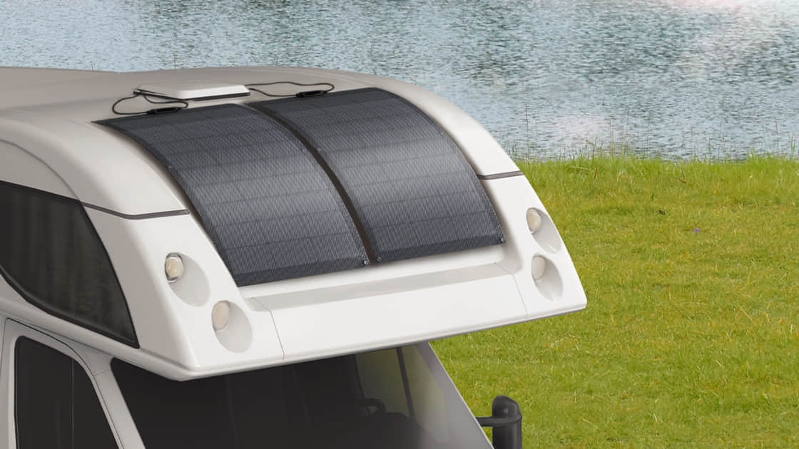 EcoFlow 100W Flexible Solar Panels mounted on a van roof